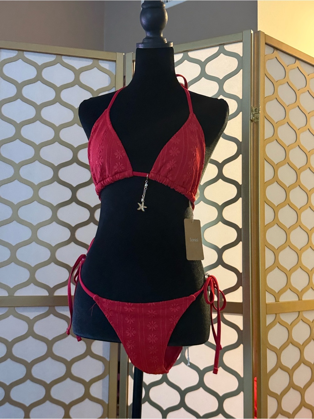Red Tie-Side Triangle Bikini Set with Star Charm - Unbranded